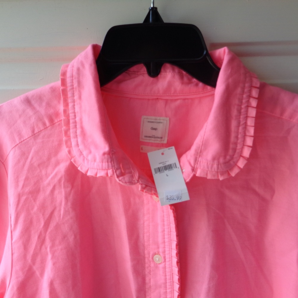Gap Boyfriend Button Down NWT Neon Pink Ruffle
